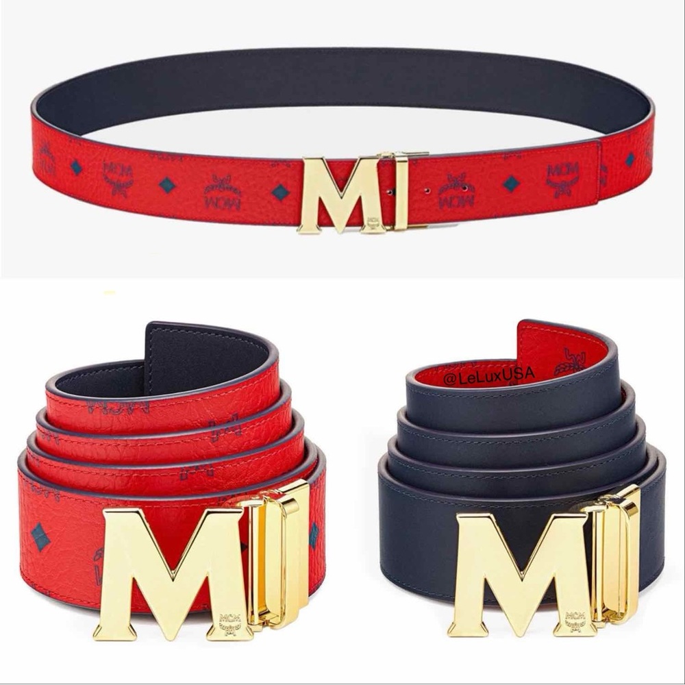 MCM Claus M Reversible Leather/Visetos Belt 1.75”, Candy Red/ Gold, One Size,NWT